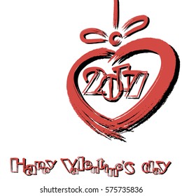 Abstract heart in grunge style hanging on a rope on a white background. 2017 year. Happy Valentine's Day. Vector illustration