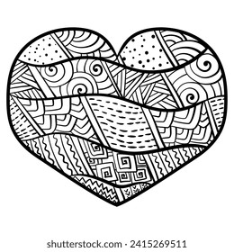 Abstract heart with horizontal stripes and fantasy patterns, zen coloring page vector illustration  heart for Valentine's Day