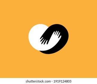 Abstract heart from human hands flat logo template. Creative care, hug, help vector sign icon logotype.