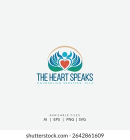 Abstract Heart and Human Logo for Counseling and Therapy Services, Vibrant Holistic Care Logo with a Central Heart and Abstract Wings 