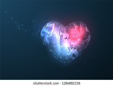 	
Abstract Heart icon form lines and triangles, point connecting network on blue background. Happy Valentines Day.  Illustration vector