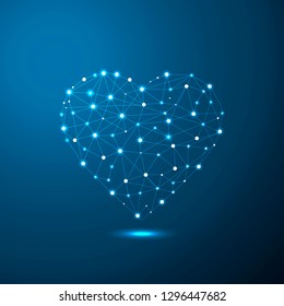 Abstract Heart icon form lines and triangles in low poly style consisting of points, lines, and shapes in the form of planets, stars and the universe.