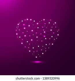Abstract Heart icon form lines and triangles in low poly style consisting of points, lines, and shapes in the form of planets, stars and the universe.