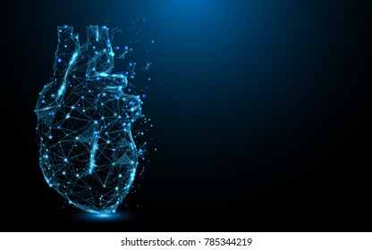 Abstract Heart icon form lines and triangles, point connecting network on blue background. Illustration vector