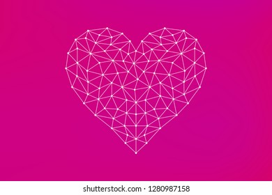Abstract heart icon from lines and triangles, point connecting network on pink background, vector, illustration, eps file