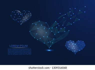Abstract heart icon from lines and triangles, a dot connecting a network against a starry sky. Broken heart shattered glass. Valentine's Day.