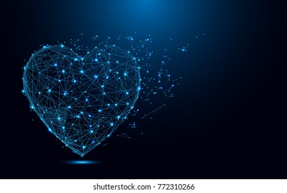 Abstract Heart icon from lines and triangles, point connecting network on blue background. Illustration vector