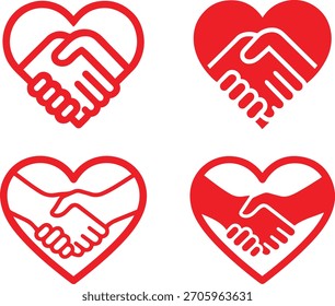 Conjunto de iconos de corazón Abstractas. Apretones de manos rojos con Vector de corazón sobre fondo blanco.	