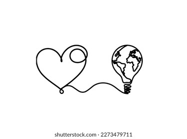 Abstract heart with light bulb as continuous line drawing on white background. Vector
