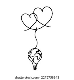 Abstract heart with light bulb as continuous line drawing on white background. Vector