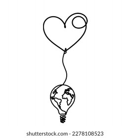 Abstract heart with light bulb as continuous line drawing on white background. Vector