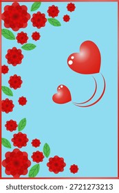 Tarjeta de San Valentín de fondo de marco de amor de corazón Abstractas con corazones Fondo azul pastel, flores rojas degradadas, corazones degradados.