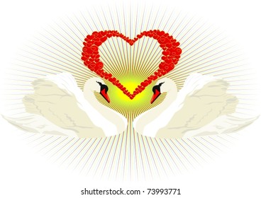 Abstract heart of many hearts, and two white swans
