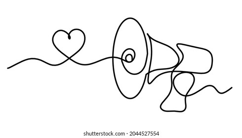 Abstract heart and megaphone as continuous lines drawing on white background. Vector