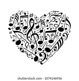 Abstract heart of musical notes on a white background. Vector illustration.