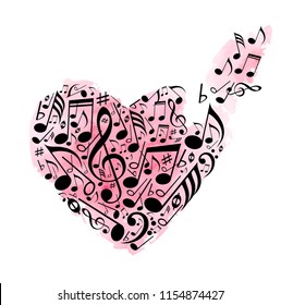Abstract heart of musical notes on a white background with pink watercolor texture. Vector illustration.