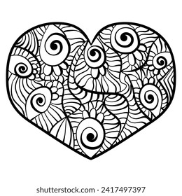 Abstract heart with ornate patterns, heart coloring page for Valentine's Day vector illustration