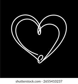 Abstract heart outlined with smooth white continuous line on black background, minimalist vector design