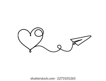 Abstract heart with paper plane as continuous line drawing on white background. Vector