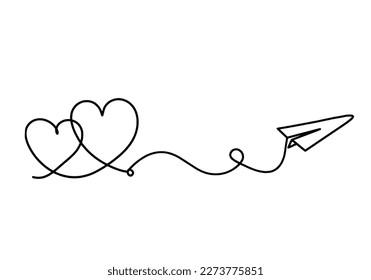 Abstract heart with paper plane as continuous line drawing on white background. Vector