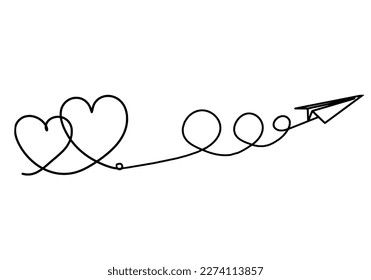 Abstract heart with paper plane as continuous line drawing on white background. Vector