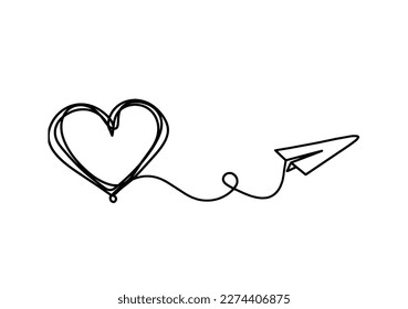 Abstract heart with paper plane as continuous line drawing on white background. Vector