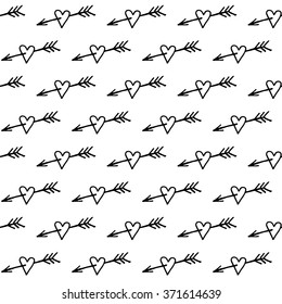 Abstract heart pattern with hand drawn hearts. Cute vector black and white heart pattern. Seamless monochrome heart pattern for fabric, wallpapers, wrapping paper, cards and web backgrounds.