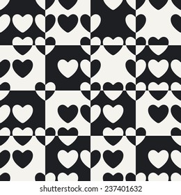 Abstract Heart Pattern. Vector Seamless Black and White Background
