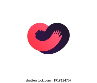 Abstract heart from pet paw and human hand logo template. Creative colorful shelter, pet care, charity vector sign icon logotype.