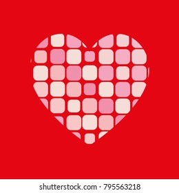 Abstract heart from pink squares on a red background. For design, postcards, icons.