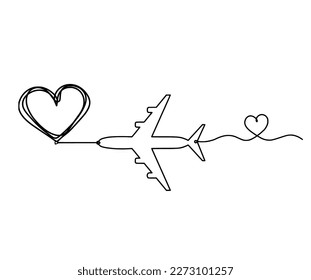Abstract heart with plane as continuous line drawing on white background. Vector