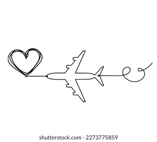 Abstract heart with plane as continuous line drawing on white background. Vector
