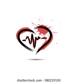 Abstract heart with a pulse hand-drawn with blots paint. Isolated on a white background. Vector illustration