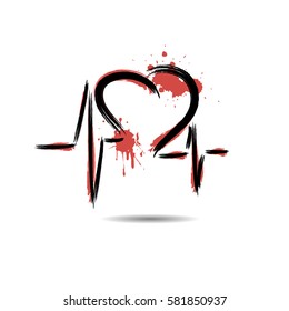 Abstract heart with a pulse hand-drawn with blots paint. Isolated on a white background. Vector illustration