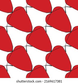 Abstract heart rhythm seamless vector pattern. Brush stroke fine painterly background. Diagonal cardiogram backdrop with red hearts black white line art pulse ECG health care concept geometric repeat.