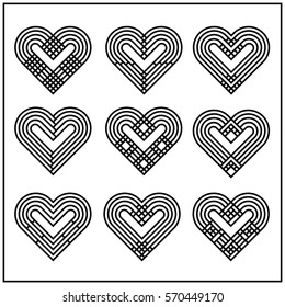 Abstract heart set, twisted lines, black line design, vector illustration.
