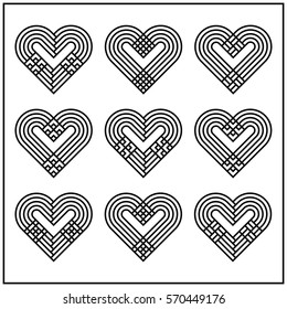 Abstract heart set, twisted lines, black line design, vector illustration.