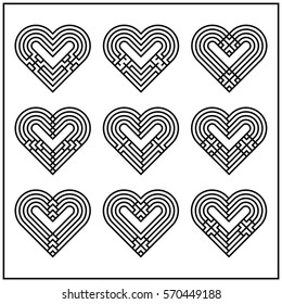 Abstract heart set, twisted lines, black line design, vector illustration.
