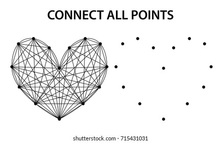  Abstract heart shape with connecting dots and lines, connect the dots picture, entertaining game element in vector