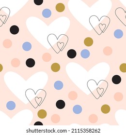 Abstract heart shape line drawing, silhouette with dots seamless pattern. Continuous line art of hearts, polka dot background. Vector art illustration for Saint Valentine's day, love concept wallpaper