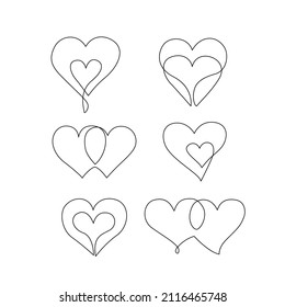 Resumen del dibujo de la forma del corazón, conjunto de siluetas. Una línea continua de arte de los corazones. Ilustración del concepto de símbolo de amor. Colección continua de arte vectorial para la tarjeta del día de San Valentín, invitación a la boda