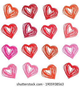 Resumen de la línea de forma del corazón en tono rojo y rosa para el día de San Valentín. Ilustración vectorial en el estilo de arte doodle sobre fondo blanco
