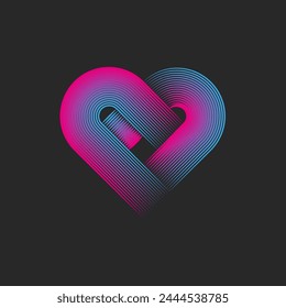 Abstract heart shape logo, linear creative design emblem print from overlapping parallel thin lines pink blue gradient.