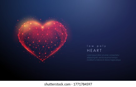 Abstract heart shape. Low poly style design. Abstract geometric background. Wireframe light connection structure. Modern blue 3d graphic concept. Isolated vector illustration.