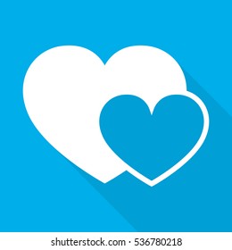 Abstract heart shape outline. Vector illustration. White heart icon with long shadow on blue background. The heart as a symbol of love.
