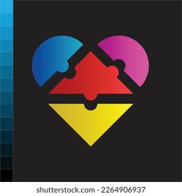 abstract heart in the shape of a puzzle in 4 colors with gradient