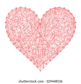 Abstract Heart Shape Symbol Made From String. Many Red Color Threads And Pins Forming Heart. Simple Design Vector Art Image Illustration, Isolated On White Background
