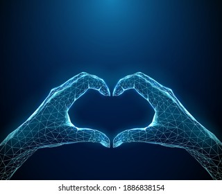 Abstract heart shape from two blue hands. Low poly style design. Hello winter concept. Modern 3d graphic geometric background. Wireframe light connection structure. Isolated vector illustration.