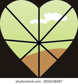 Abstract heart shape window frame looking out onto a peaceful landscape.