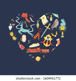 Abstract heart shaped design with magic creatures and items: sword, stag, owl, train, goblet, scarf. For prints, t-shirts, clothing